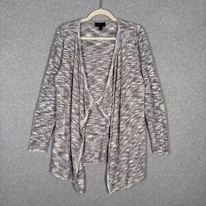 AB Studio Cardigan Sweater Large Blue Tan Wrap Drape‎ Waffle Lounge Comfy Cozy